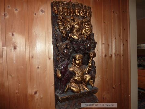 Lteres Geschnitztes Buddha Bild Skulptur Vergoldet Holz Teak