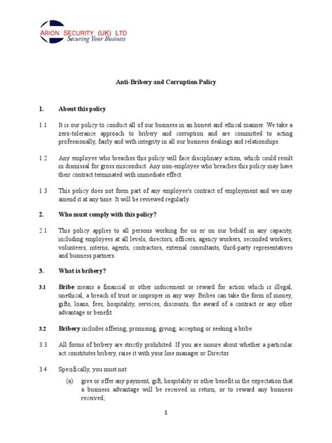 Anti Bribery And Corruption Policy Template Pdf Bribery Corruption