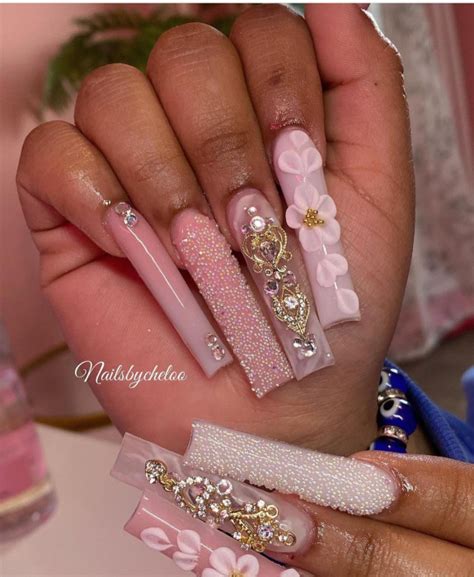 Best Prom Nail Designs D Flower Rhinestone Nude Pink Nails