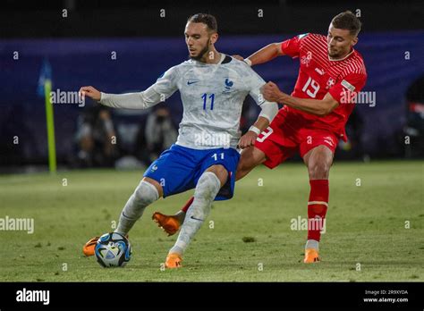 Clash between France U21’s Amine Gouiri and Swiss U21’s Darian Males during the third qualifying ...