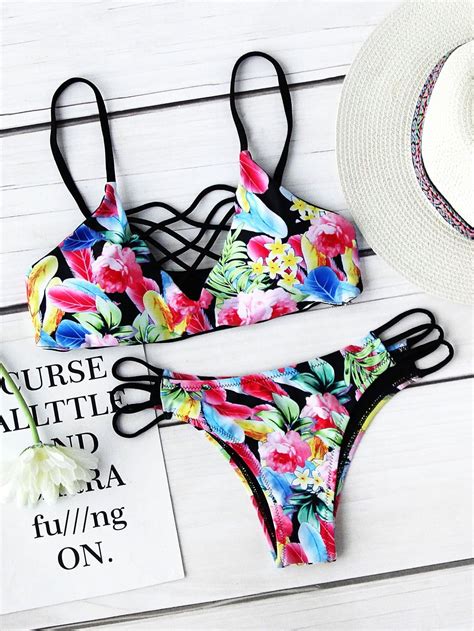 Calico Print Criss Cross Bikini Set Shein Sheinside