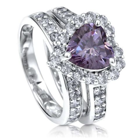 Sterling Silver Heart Shaped Purple Cubic Zirconia Cz Halo Engagement