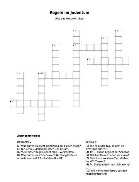 Kreuzworträtsel Regeln im Judentum als PDF Arbeitsblatt