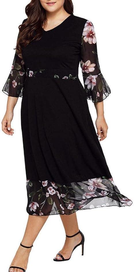 Gyoume Plus Size Dress Womens Midi Dresses V Neck Wrap Chiffon Floral