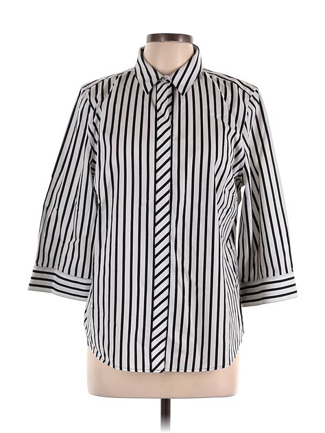 Chicos 100 Cotton Stripes Black Silver Long Sleeve Button Down Shirt