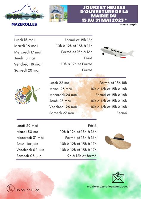 Changement des heures douverture de la mairie durant les congés de mai