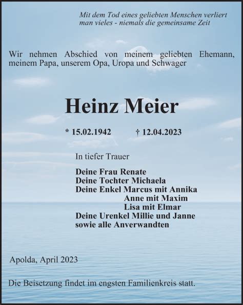 Traueranzeigen Von Heinz Meier Trauer In Thueringen De