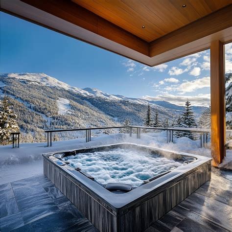 A Ski Resort Spa With An Outdoor Hot Tub Overlooking Snowy Mountains4