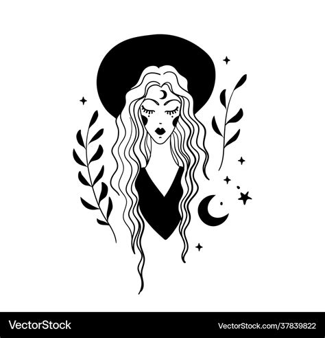 Mystical Boho Tattoo Hipster Woman In Hat Witch Vector Image