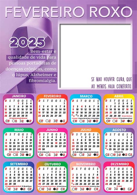 Calendário 2025 Campanha Fevereiro Roxo em PNG Arte Digital