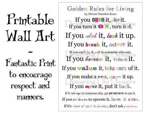 Golden Rules For Living Positive Wall Art Printable