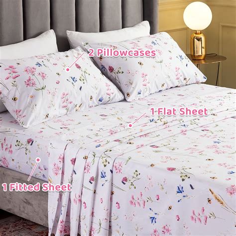 QSH Floral Bed Sheets Set King Size Shabby Flower Bee Print Bed Sheet