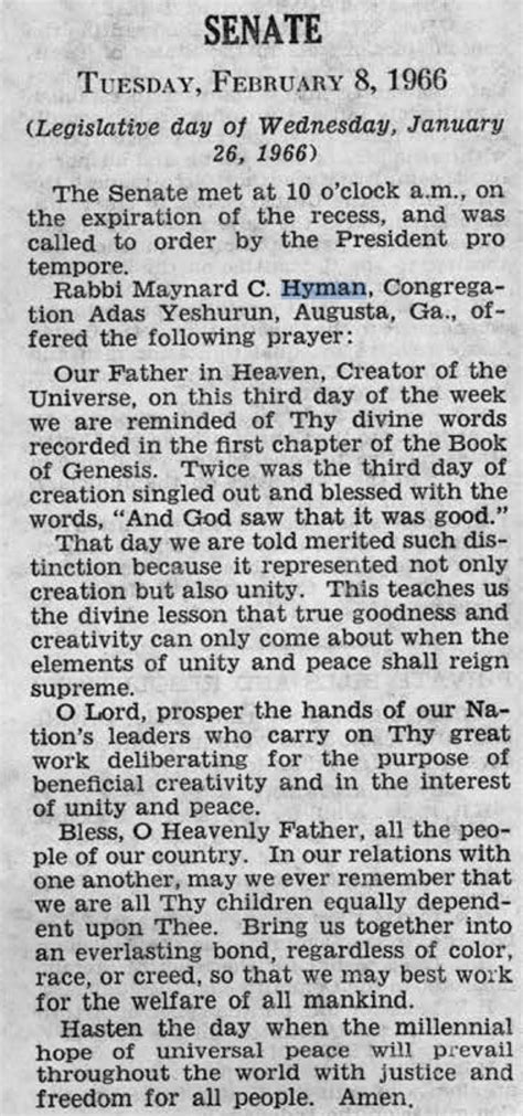 Prayer Of The Guest Chaplain Of The U S Senate Rabbi Maynard C Hyman On 8 February 1966 • The