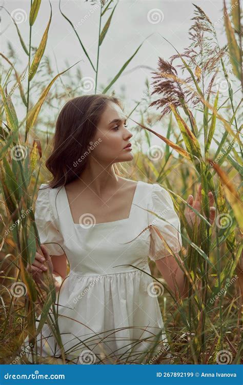 Beautiful Young Woman In White Summer Dress Is Sitting In Tall Grass In