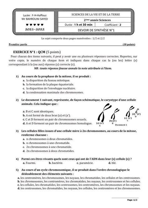 2 ème Sciences Sciences SVT devoir de synthèse n1