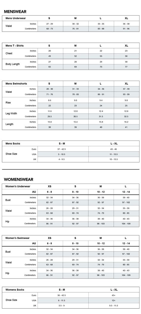 Swimwear Size Chart Australia A Visual Reference Of Charts Chart Master