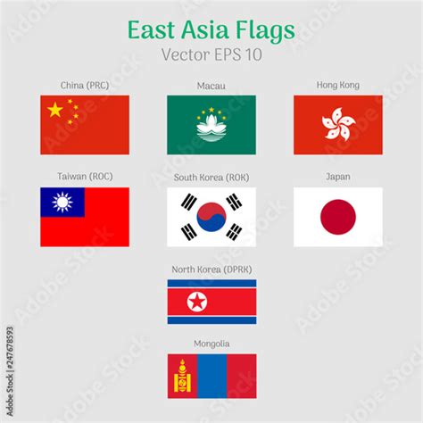 East Asia Flags set. China, Macau, Hong Kong, Taiwan, South Korea ...