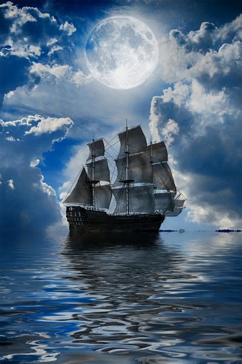 An Old Sailing Ship Floating In The Ocean Under A Full Moon Filled Sky