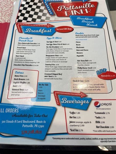 Menu At Pottsville Diner Restaurant Pottsville 501 N Claude A Lord Blvd