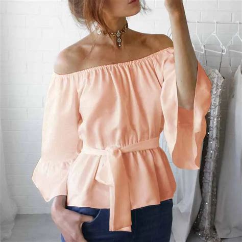 Women Off Shoulder Floral Print Chiffon Blouse Spring Autumn Ladies