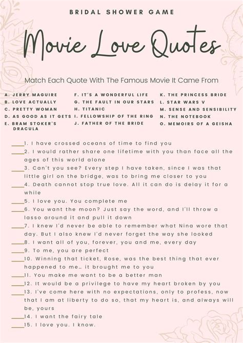 Match The Movie Love Quote Bridal Shower Game Bridal Shower Game