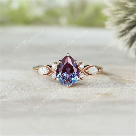 Unique Alexandrite Engagement Ring Rose Gold Pear Cut Alexandrite