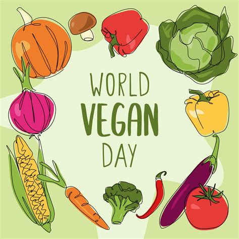 World Vegan Day Fruits And Vegetables In Line Art Style Vector