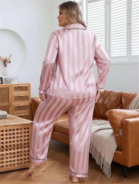 Plus Striped Jacquard Contrast Piping Satin PJ Set SHEIN USA