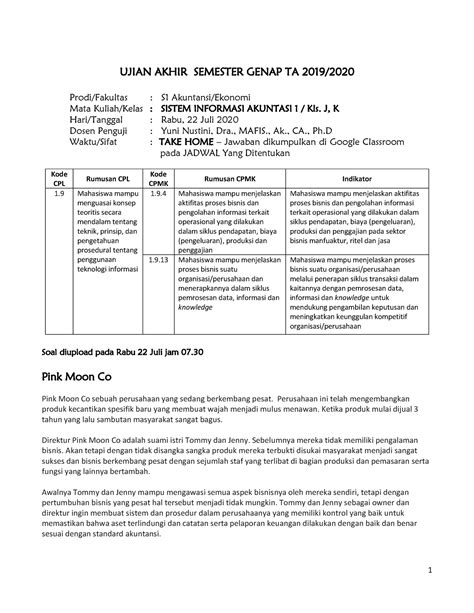 Soal UAS 2020 Dosen YUNI Nustini 1 UJIAN AKHIR SEMESTER GENAP TA 2019