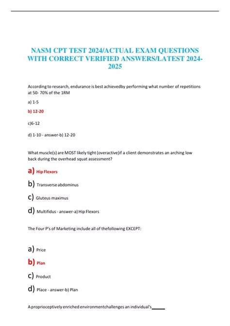 Nasm Cpt Test 2024actual Exam Questions With Correct Verified Answers