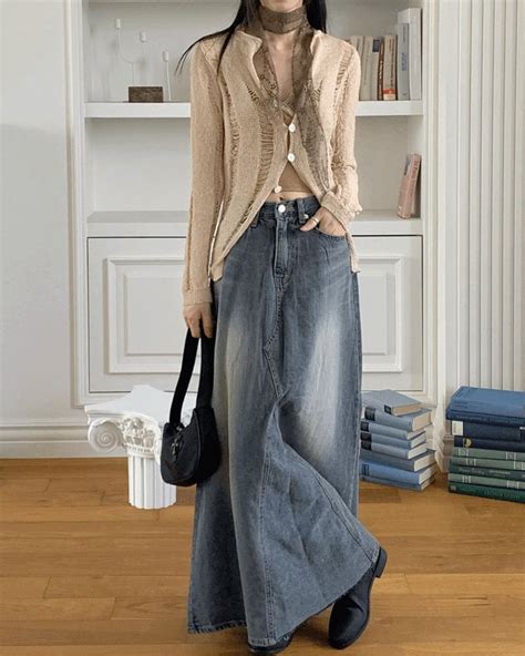 Wonderwonder Large Split Patch Maxi Denim Long Skirt Codibook