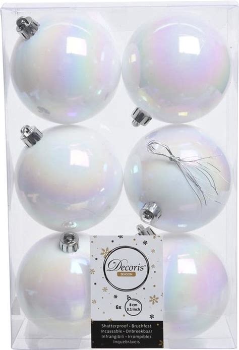 6x Parelmoer Witte Kunststof Kerstballen 8 Cm Mat Glans Plastic