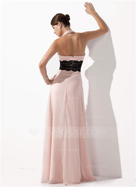 A Line Princess Halter Floor Length Chiffon Evening Dress With Ruffle