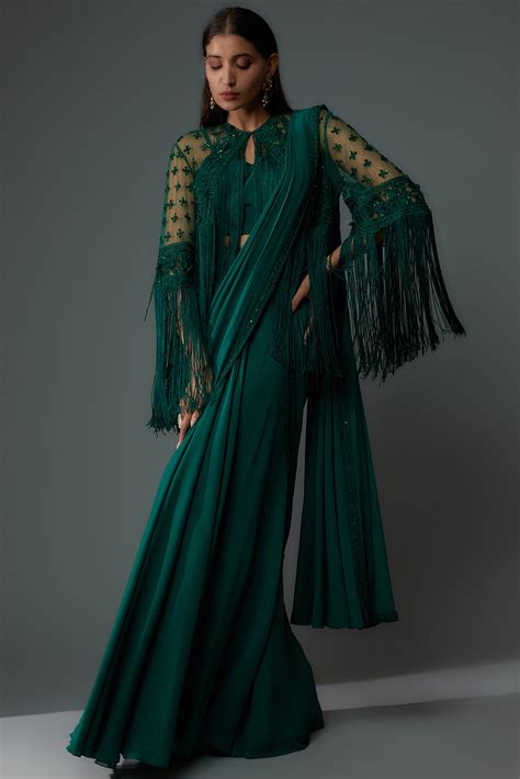 Emerald Green Georgette Embroidered Jacket Saree Set By Ridhi Mehra At