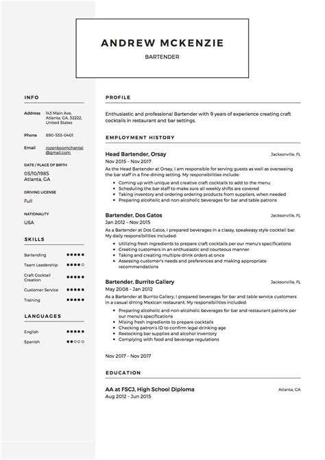 39 Bartender Resume Examples No Experience That You Can Imitate