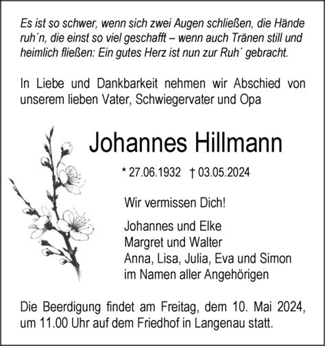 Traueranzeigen Von Johannes Hillmann S Dwest Presse Trauer