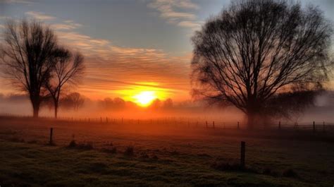 Premium AI Image | A sunrise over a field with trees and a field in the ...