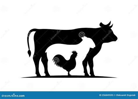 Farm Animal Silhouettes Cow Sheep Rooster Black Silhouettes Vector