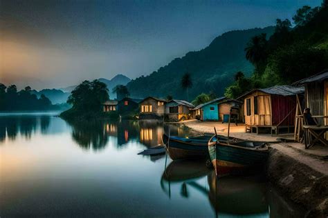 Boats Are Docked On The Shore Of A River Ai Generated Stock