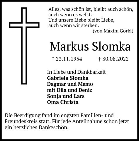 Traueranzeigen Von Markus Slomka Trauer Op Online De