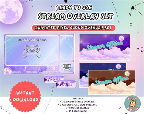 Animated Pixel Art Stream Overlay Package For Twitch Pixel Art Clouds