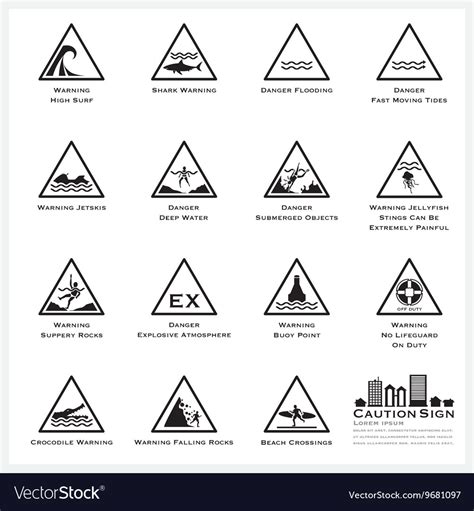 Sea And Beach Caution Warning Sign Icons Set Vector Image