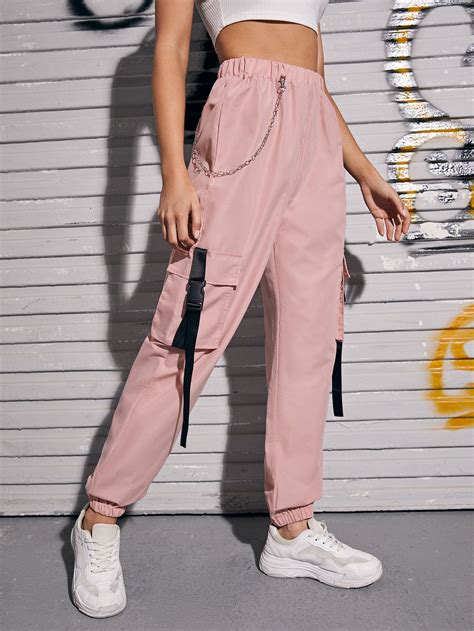 Chain Detail Flap Pocket Buckle Trousers Pants For Women Cargo Pants Women Pink Cargo Pants