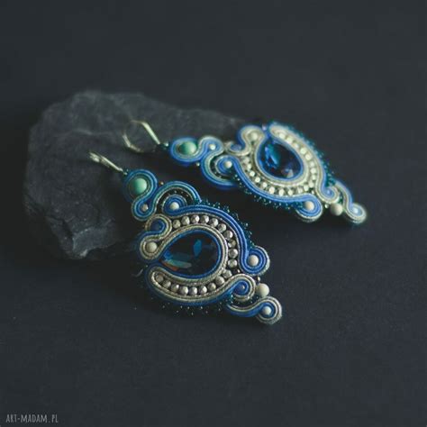 Kolczyki Srebrno Niebieslkie Sutasz Niebieskie Soutache Eleganckie