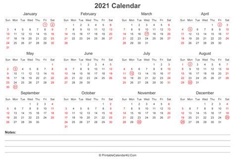 2021 Calendar With Uk Bank Holidays And Notes Landscape Layout