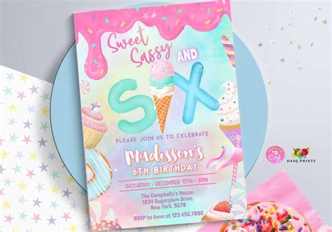 Sweet Sassy And Six 6th Birthday Invitation Birthday Party Etsy