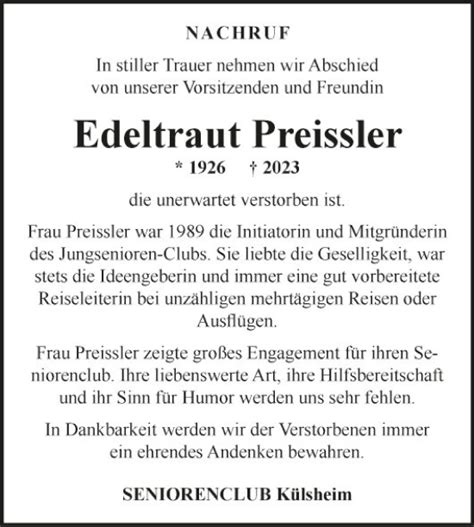 Traueranzeigen Von Edeltraut Preissler Trauerportal Ihrer Tageszeitung