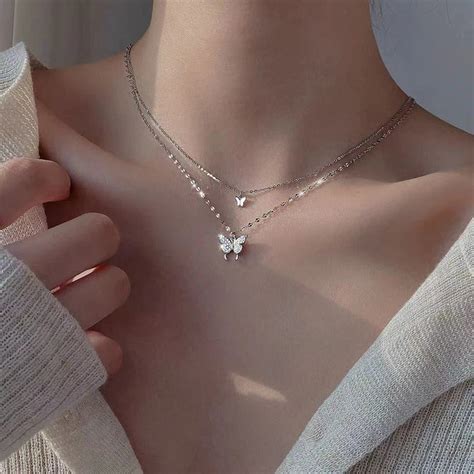 17km Collier Papillon Brillant Plaqué Argent Coréen Pour Femmes