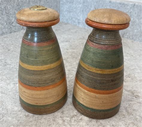 Rare Vintage Mr Dudley Wooden Pepper Mill And Salt Shaker Set Multi Colored Stripe Ebay