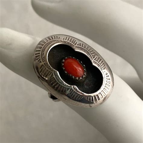 Vintage Navajo Shadow Box Coral Ring Statement Size Gem